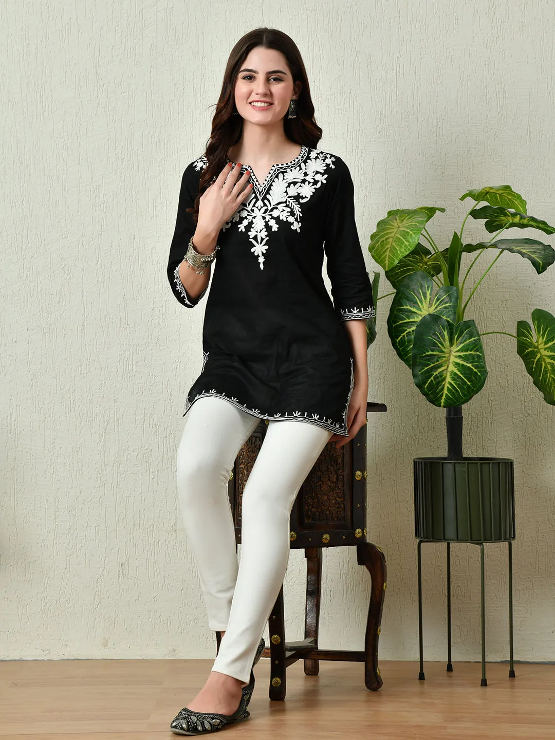 Women Stylish Black Cotton Short Kurti With Elegant Work