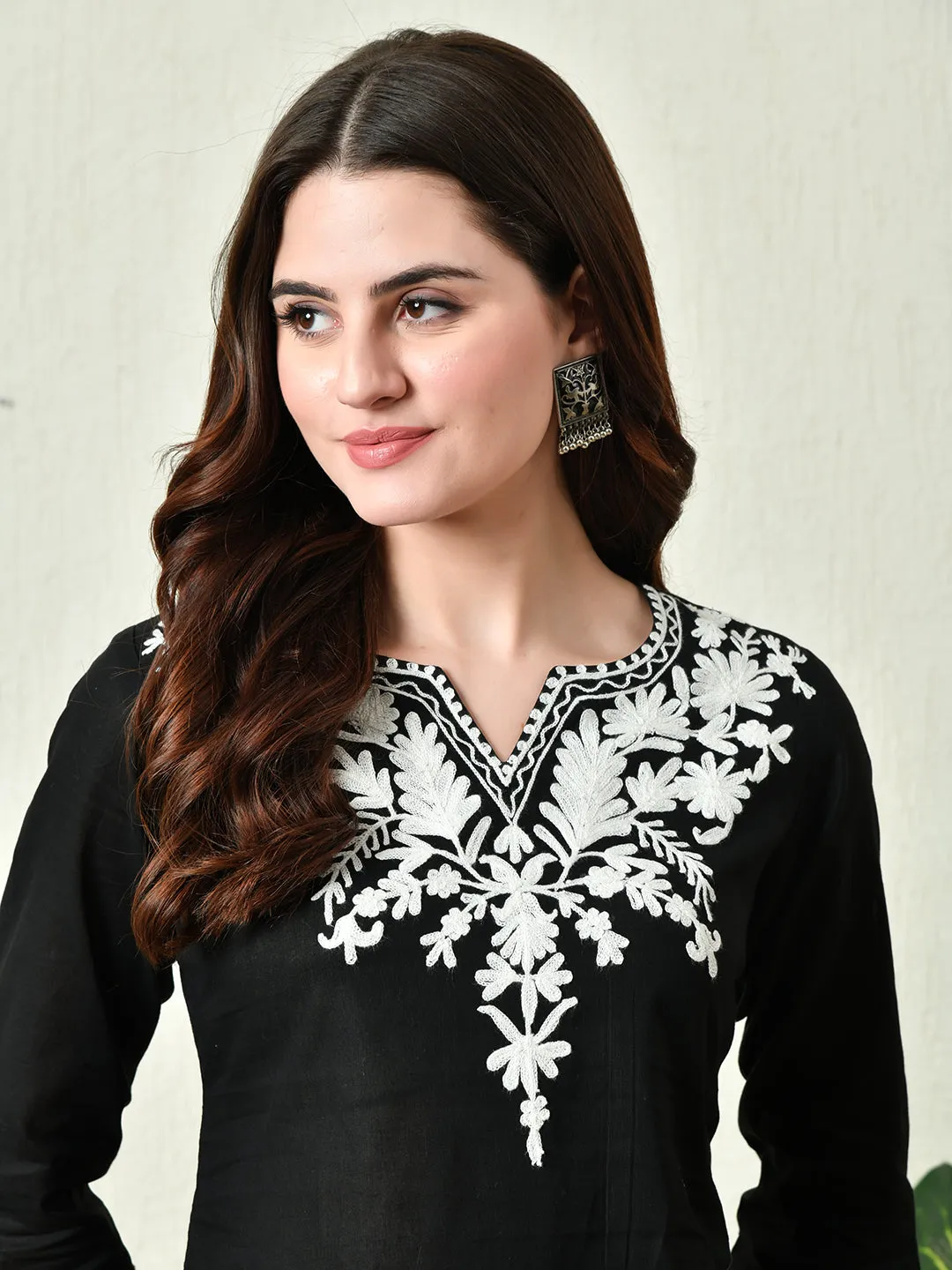 Women Stylish Black Cotton Short Kurti With Elegant Work