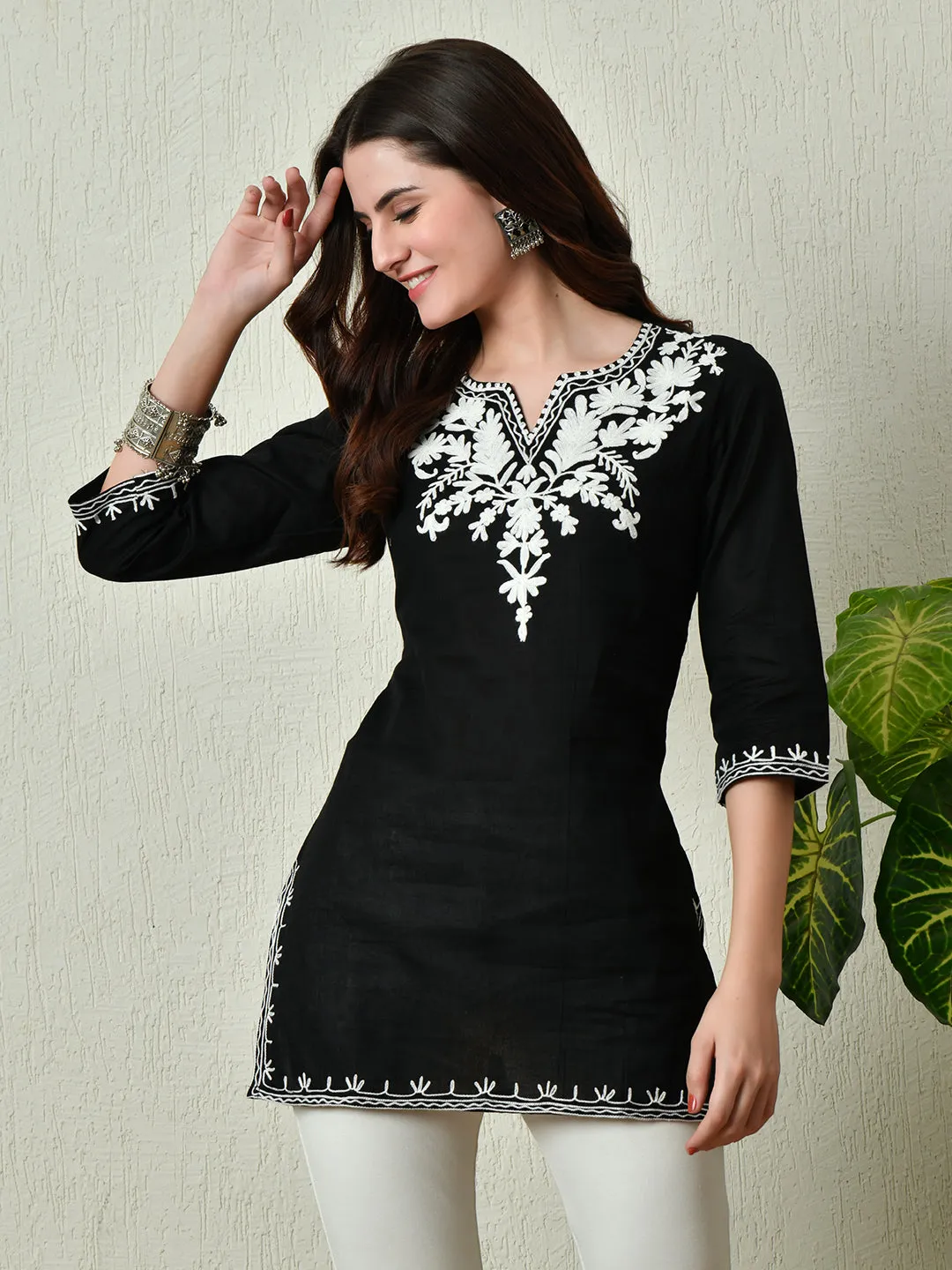 Women Stylish Black Cotton Short Kurti With Elegant Work