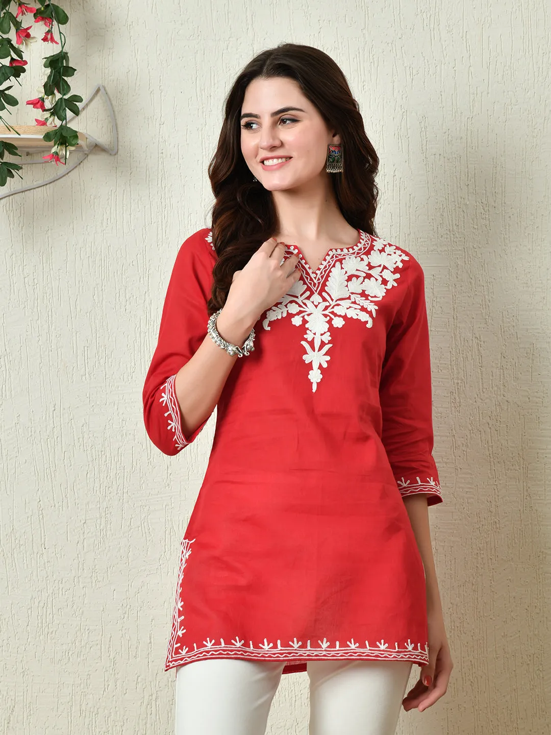 Women Stylish Red Cotton Short Kurti With Elegant Work