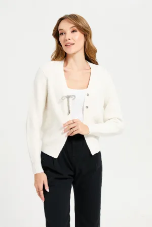 Women White Bow Cardigan