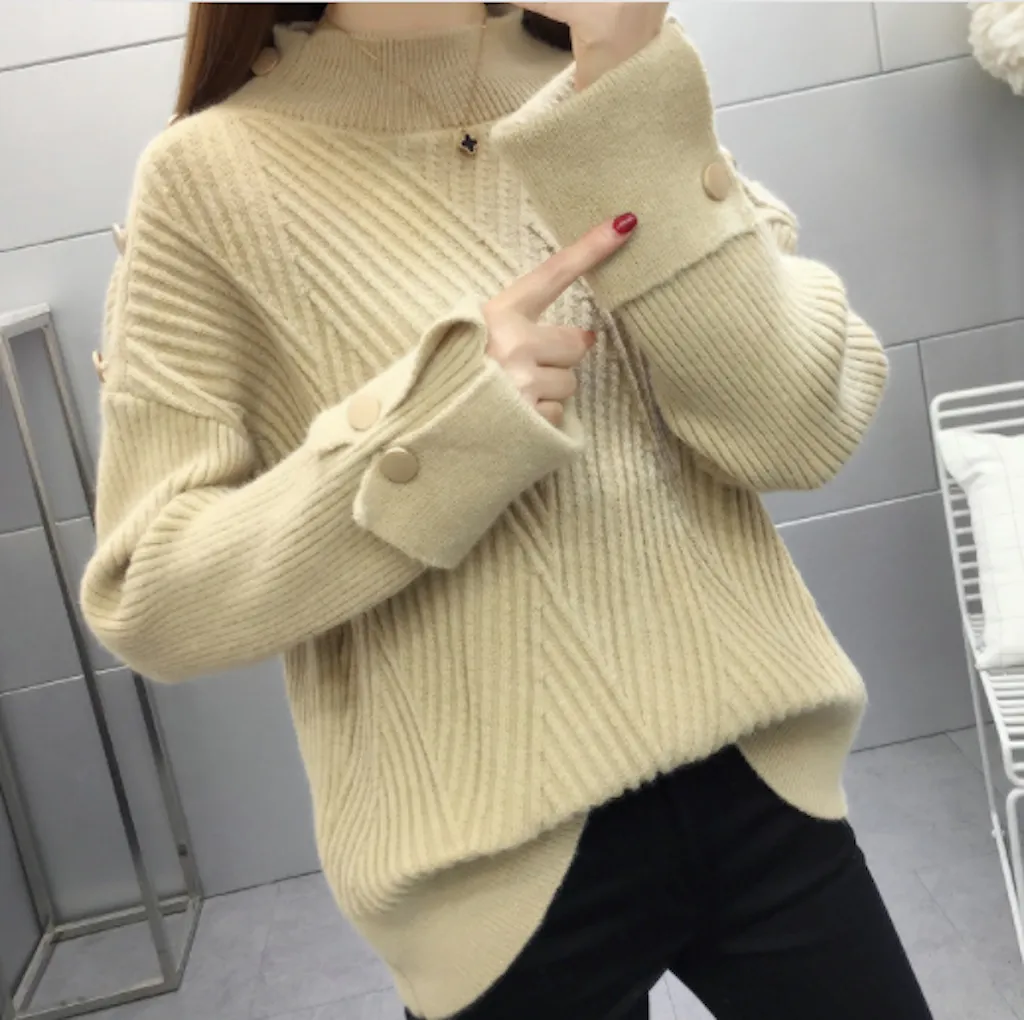 Womens High Collar Sweater with Button Details